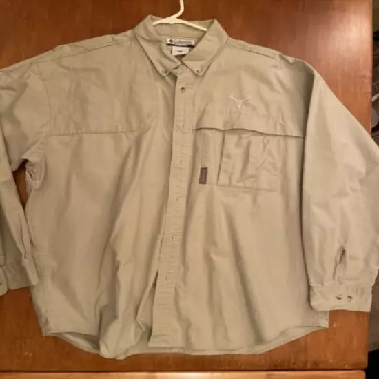 COLUMBIA Shooting HUNTING Shirt Right Shoulder Heavy Cotton Khaki MENS SIZE L