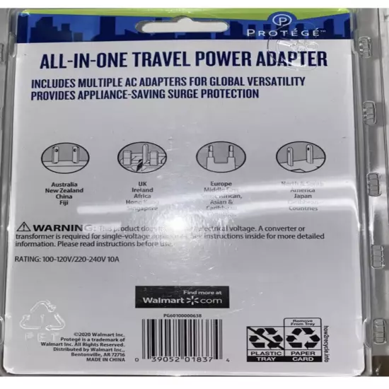 NEW Protege All In One Travel Power Adapter w/ Surge Protection New E21