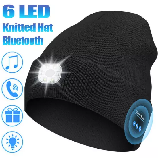 Bluetooth LED Beanie Hat with Music Speakers Mic Rechargeable Cap Head Lamp Gift