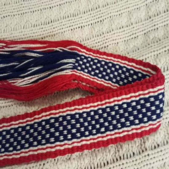 Item20192436 Powder horn strap belt red, white, blue cotton 39" long x 1 5/8"