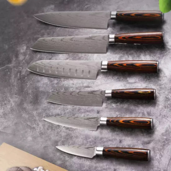 Wood 6pcs Japanese Kitchen Damascus Pattern Chef Knives Set&Scabbard USASTOCK