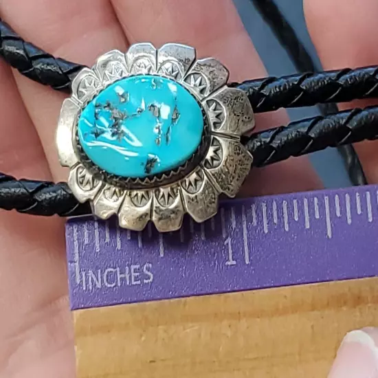 Native American Indian jewelry Bolo tie Turquoise Vintage Signed AB