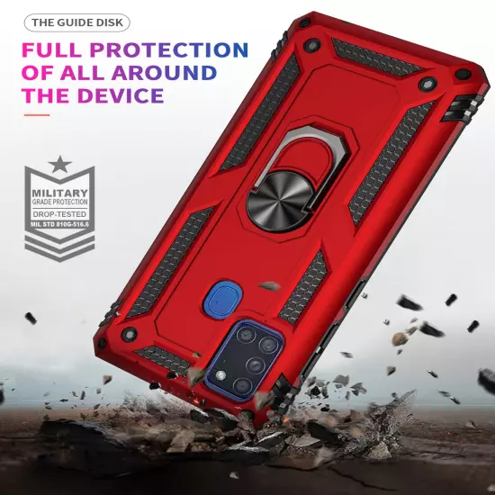 For Samsung Galaxy A21s Case Shockproof Ring Stand Phone Cover w/ Tempered Glass