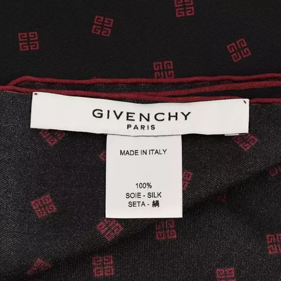 GIVENCHY Mens Black Burgundy LOGO Silk Pocket Square Italy NWOT