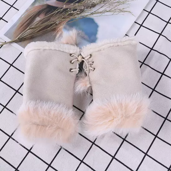 Womens Winter Warmer Fingerless Gloves Faux Rabbit Fur Suede Wrist Solid Mittenღ