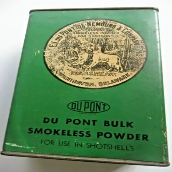 E.I.DU PONT DE NE MOURS & CO.SMOKELESS POWDER TIN CONTAINER ,SHOTSHELL DOG LABEL