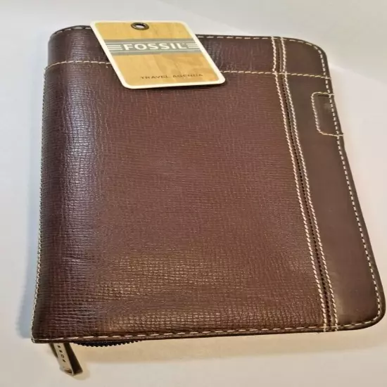 Fossil Leather Travel Agenda Passport Holder Wallet Credit Card ID brown Tag