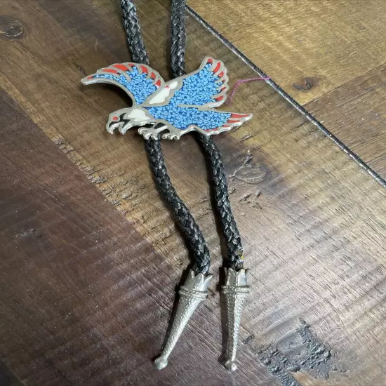 Vintage Southwestern Native American Eagle Turquoise Coral Chip Leather Bolo Tie