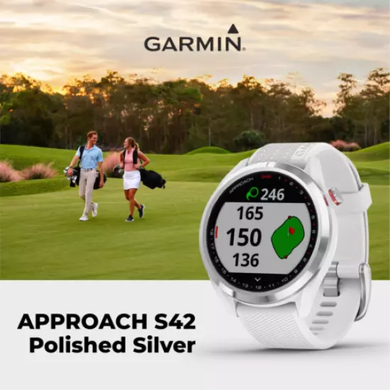 Garmin Approach S42 Polished Silver GPS Golf Watch with All-In-One Golf Bundle