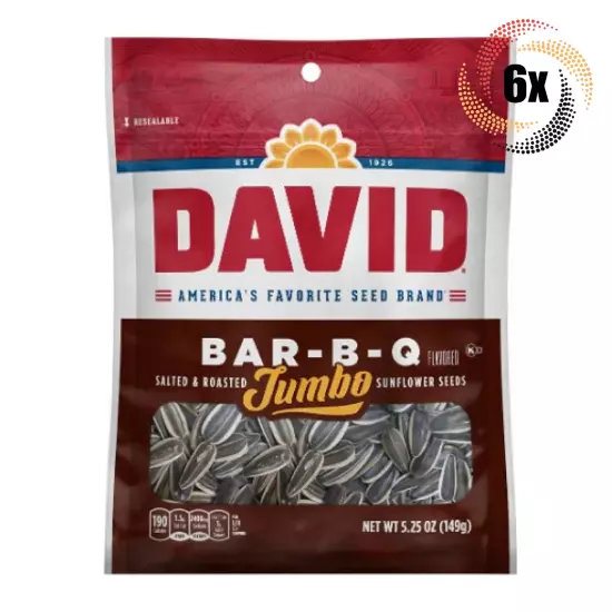 6x Bags David Jumbo Bar-B-Q Barbecue Sunflower Seed | 5.25oz | Salted & Roasted