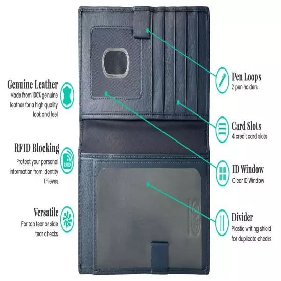 RFID Leather Checkbook Cover With Credit Card Slots and Pen Holder