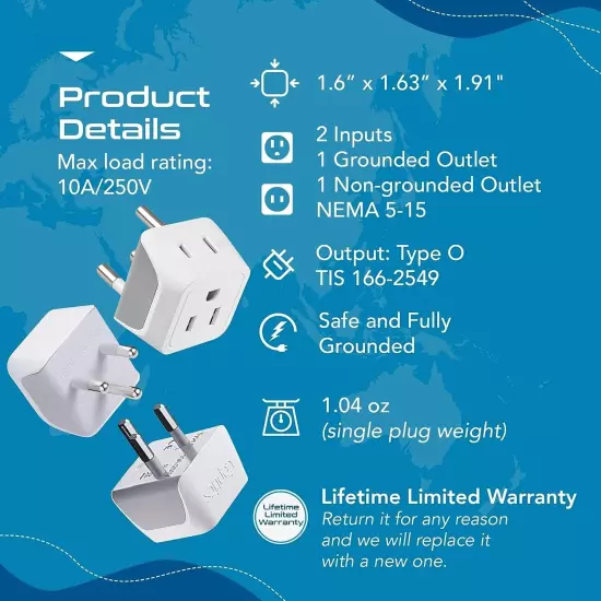 Ceptics Thailand Travel Adapter with Dual USA Input Type O Ultra Compact - 3 Pac