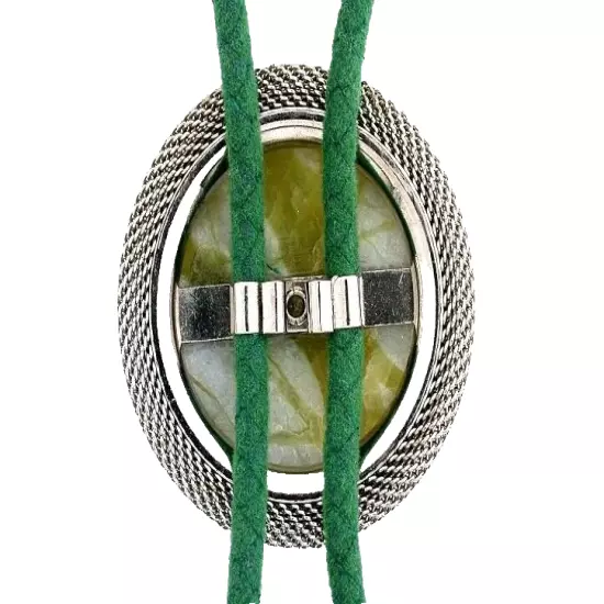 Green White Jade Quartz 34mm Round Custom Silver Mesh Bolo Tie Cord Tip EPBT145