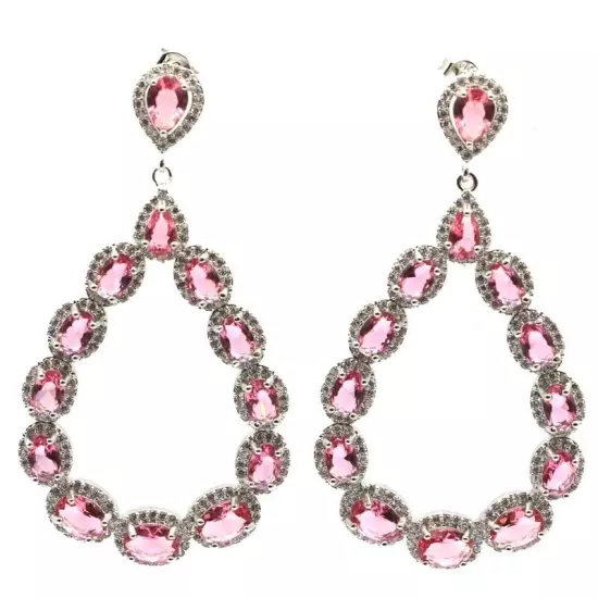 Long Big Heavy 15.7g Pink Tourmaline CZ Ladies Wedding Silver Earrings