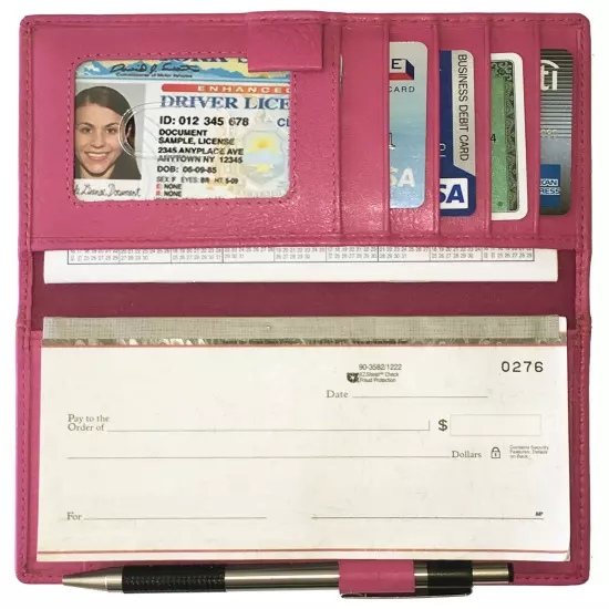 RFID Leather Checkbook Cover With Credit Card Slots and Pen Holder