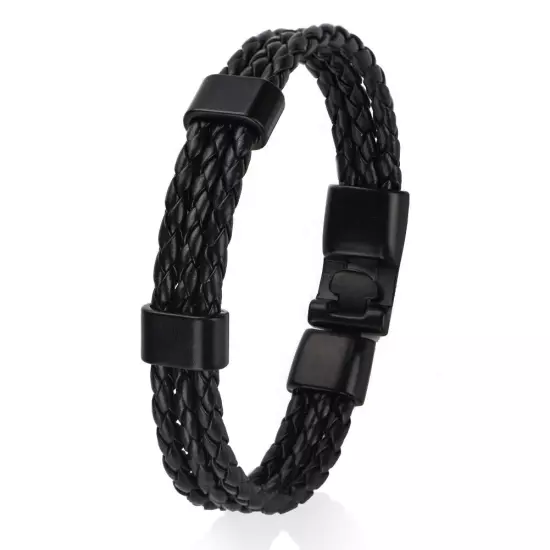 Men Male PU Strap Alloy Buckle Knitting Knitted Multilayer Bracelet Wristban HPT