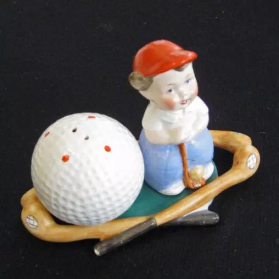 Vintage Porcelain Golf Boy with Orange Cap, Salt Pepper Shakers, Germany,1940's