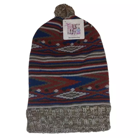 Muk Luks Women's Pom Beanie Hat Multicolor Pattern