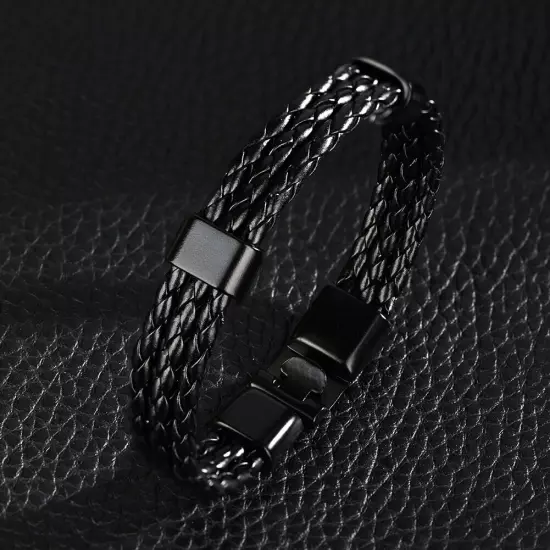 Men Male PU Strap Alloy Buckle Knitting Knitted Multilayer Bracelet Wristban HPT