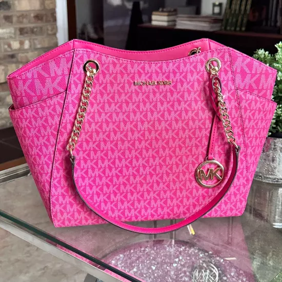 Michael Kors Jet Set Travel Large Chain Shoulder Tote MK Logo Bag Electric Pink