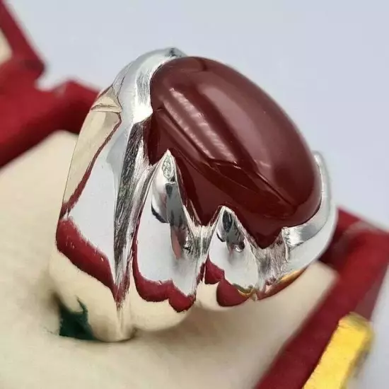 Yemeni Akik Ring - Mens Aqeeq Carnelian Agate Silver Bague