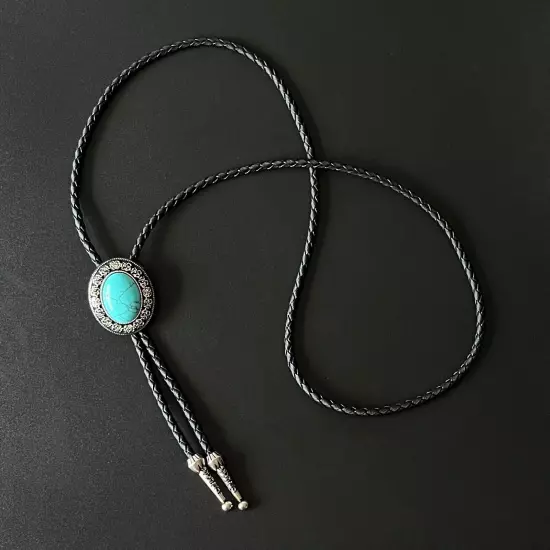 Natural Turquois Bolo Tie Western Carved Pattern Alloy PU Rope Wedding Necklace