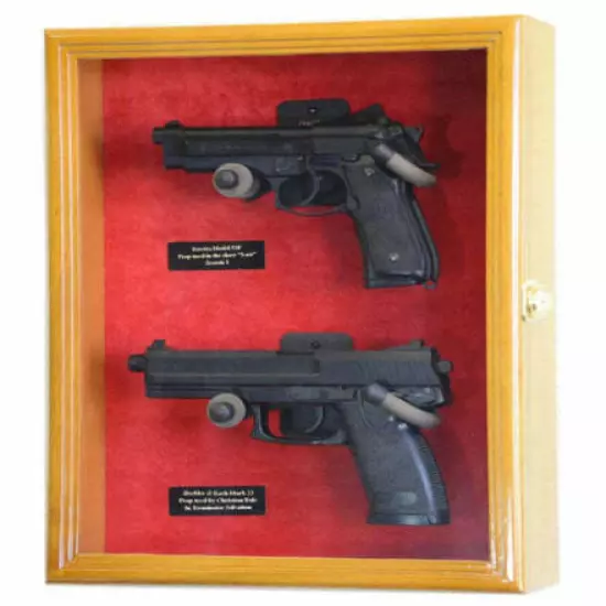 Gun Display Case 2 Guns Oak Solid Wood Handgun Pistol Revolver Lock US Box Frame