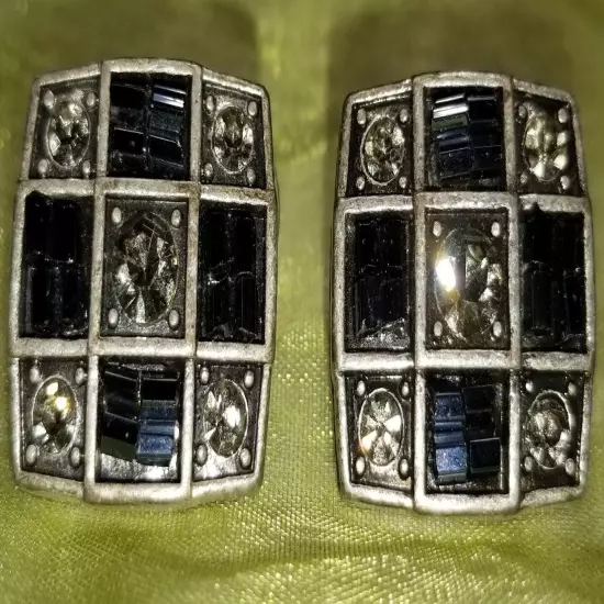 Lovely Square Crystal and Silvertone Checkerboard Pierced Earrings 