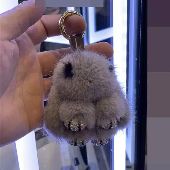 Real Mink Fur Rabbit Bunny w Rhinestone Feet Keychain Bag Pendant Charm Keyring