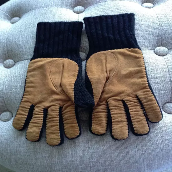 Made in Italy gloves black cashmere tan leather suede winter palms used sz 6.5