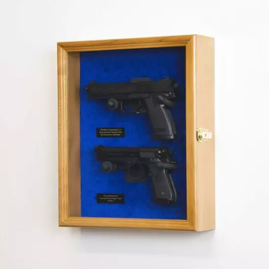 Gun Display Case 2 Guns Oak Blue Solid Wood Handgun Pistol Revolver Lock Frame 