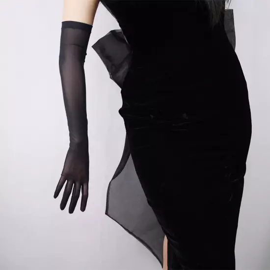 MESH LONG GLOVES Stretch Tulle Lace Semi Sheer TECH Touchscreen Black 28" 70cm