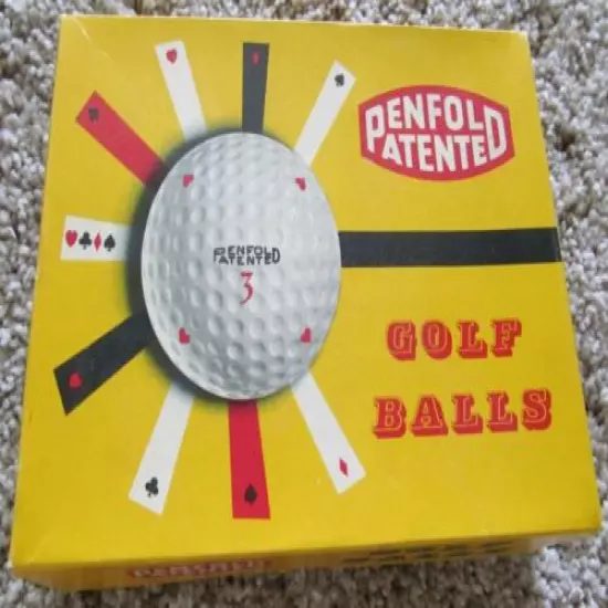 COLORFUL DOZEN BOX WITH 7 WRAPPED RED PENFOLD PATENTED 1.62 GOLF BALLS L.B.G.C.