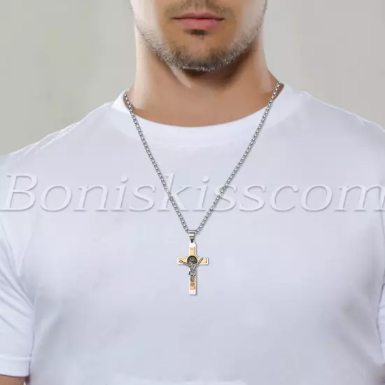 Mens Stainless Steel Saint St Benedict Jesus Crucifix Cross Pendant Necklace 22"