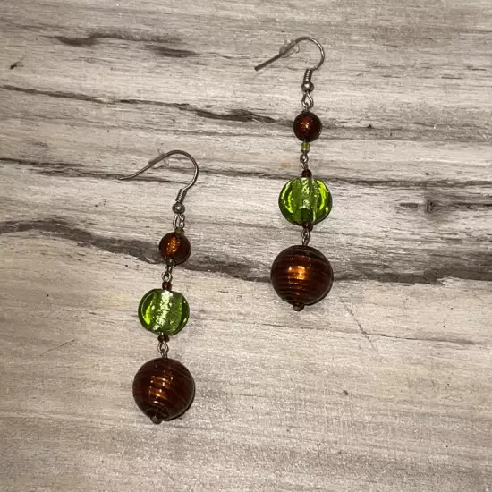 Lovely Green & Brown Glass Earrings Fish Hook