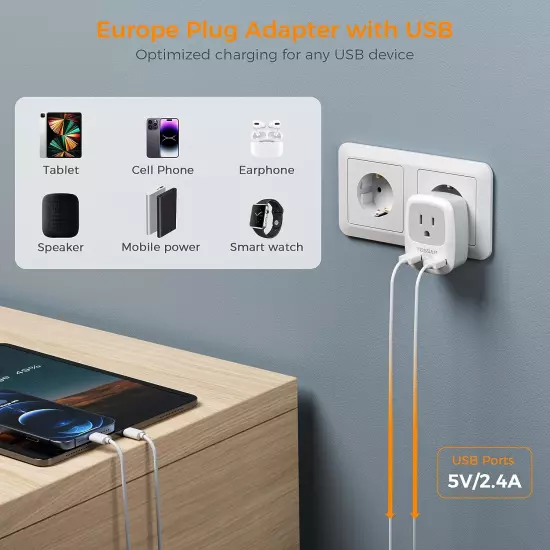 European Travel Plug Adapter, Europe Power Plug with 2 USB Ports, Type C