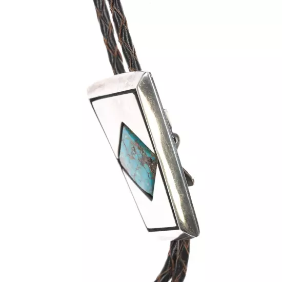 c1970 Alberto Contreras Sterling Modernist bolo tie with turquoise 40"