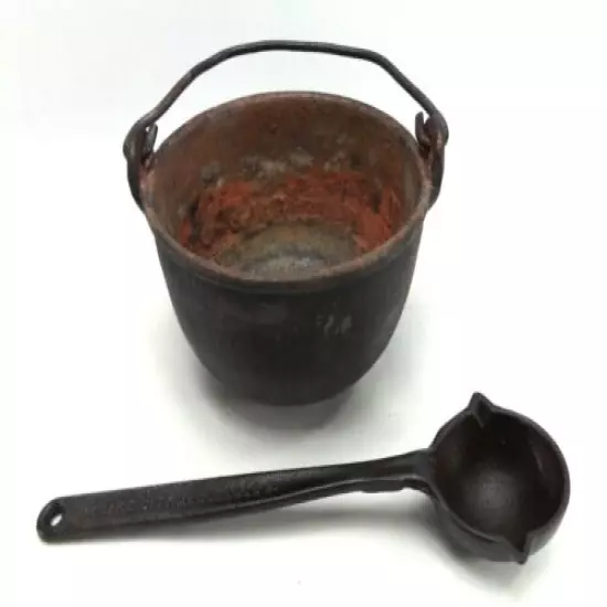 Antique Holland Melting Pot vtg Lead mold Ladle Cast iron Crucible Kettle Reload