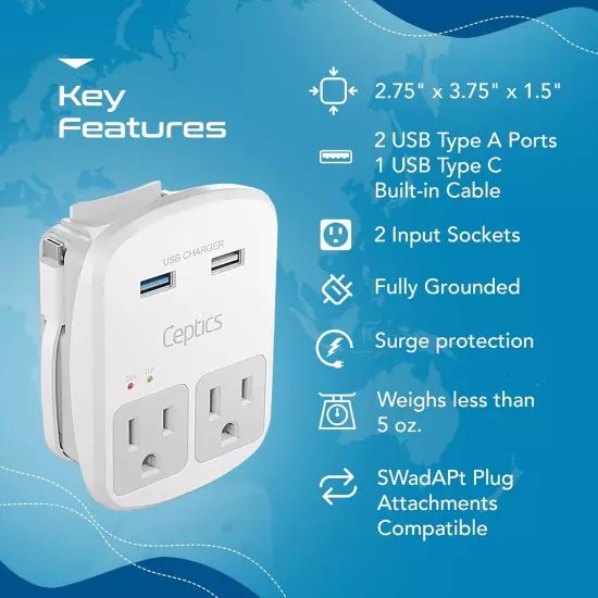 Ceptics World Travel Adapter Kit for Europe, UK, China, Australia, Japan