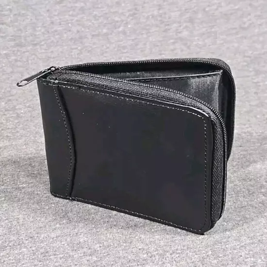 Black Leather Zip Around Wallet Unisex 8 Photo Capacity Coin Pouch Travel Money 