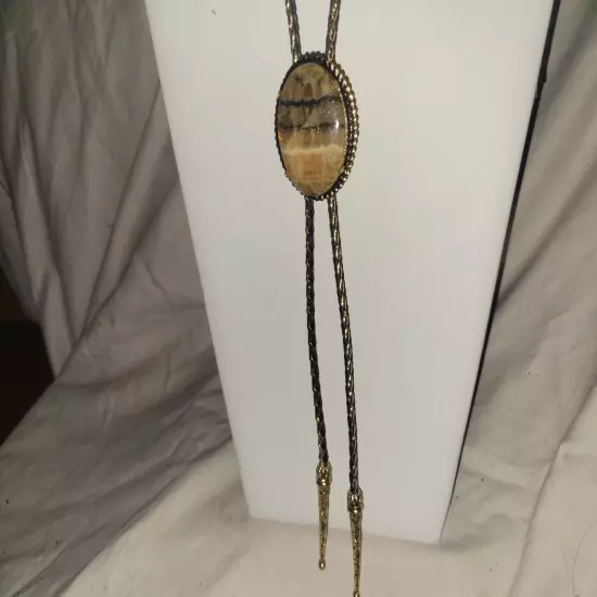 Vintage Natural Honey Onyx Bolo Tie Gold Tone Setting N Tips 1970's