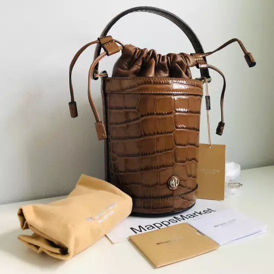 MICHAEL KORS COLLECTION Audrey Medium Croc Embossed Leather Bucket Bag CHESTNUT