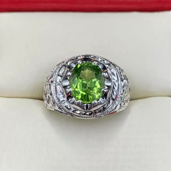 Natural Mens Peridot Ring, Handmade Peridot Ring For Men 925 Sterling Silver