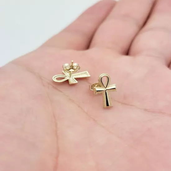 10K Yellow Gold Ankh Cross Earrings Egyptian Cross Earrings 13.5 mm x 7.5 mm