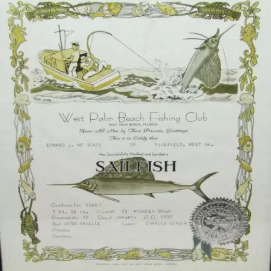 Vintage 1939 West Palm Beach Fishing Club Certificate for 7ft 53lbs Sailfish