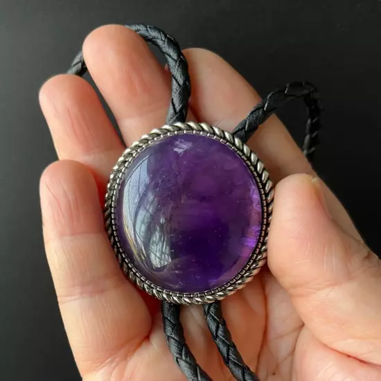 Natural Amethyst Stone Men Bolo Tie Vintage Alloy PU Rope Wedding Party Necklace