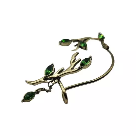 Ear Cuffs Gold Tone Green Stone Dangle Tree Plant Vine Design 