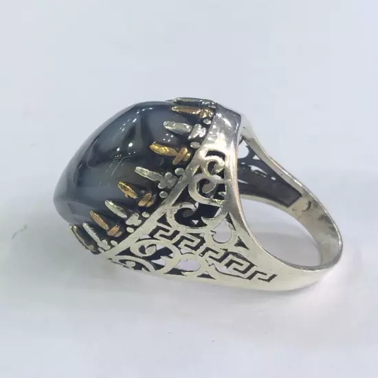 Men Silver Ring 925 Sterling Yemen Aqeeq Agate خاتم عقيق يمني شجري مصور حبة فحل