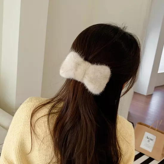 Women's Girls Cute Real Mink Fur Hair Clip Hairpin Bobby Pin Hair Claw Bowknot