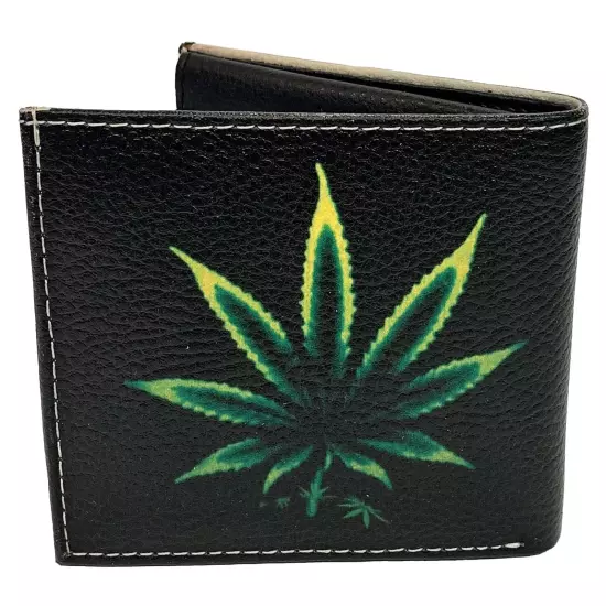 Weed Leaf Wallet Bi-Fold Faux Leather 6 Credit Card Slots & Window Flap